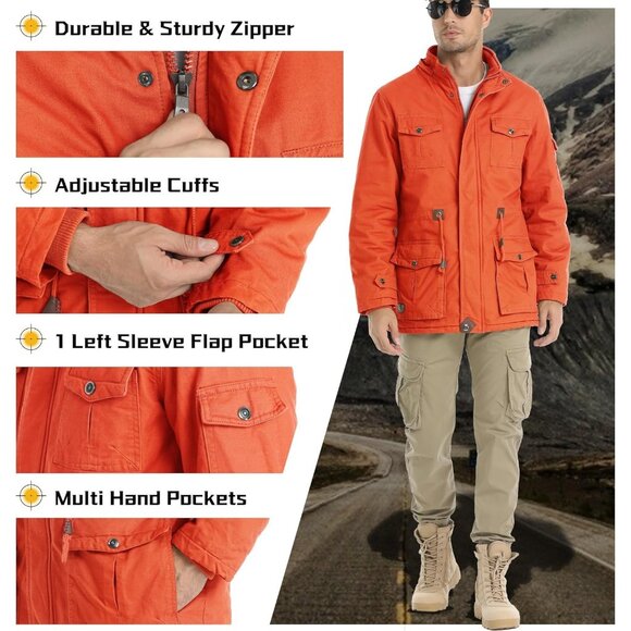 Mens Orange Thick Winter Jacket Hooded Fleece Lined Cotton Military Coat - Picture 4 of 6